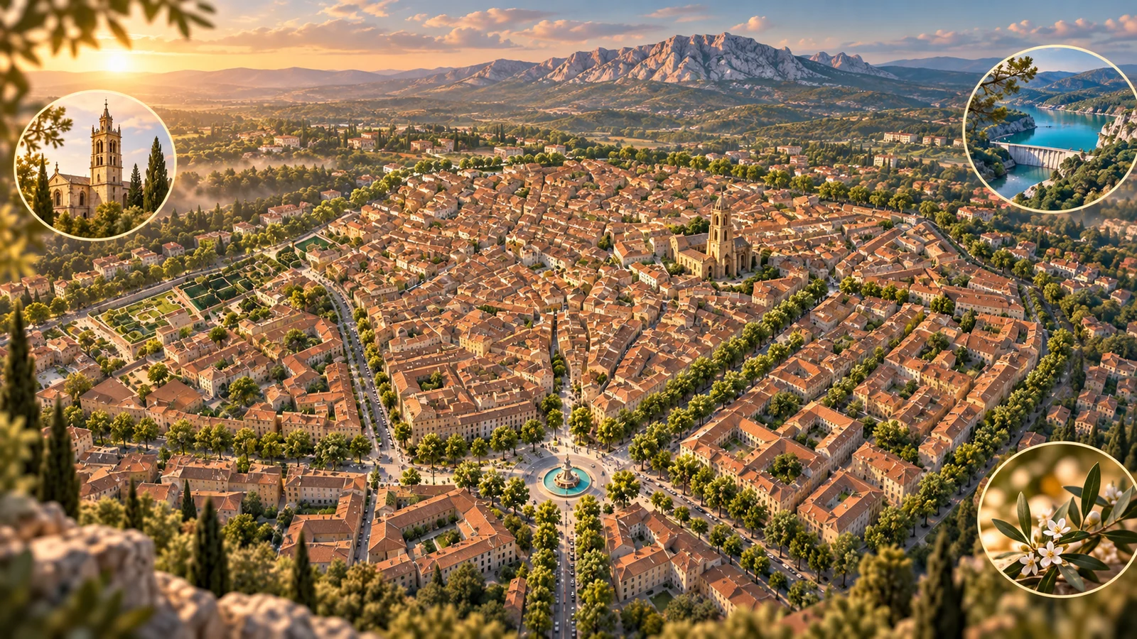 Illustration artistique de la collection Aix en 3D : panorama provençal, fontaine, clocher et paysages de montagne