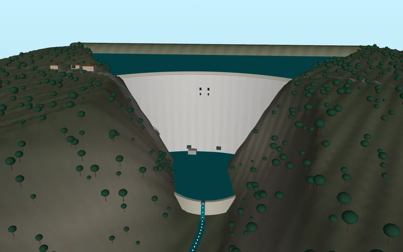 Vue de présentation du modèle 3D du barrage-voûte de Bimont, de la retenue et du bassin aval