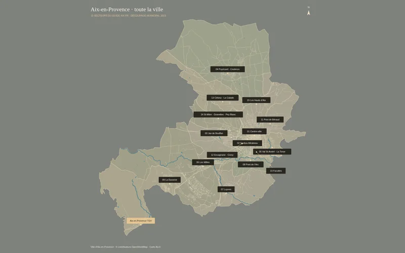 Plan de présentation des 15 secteurs de la carte interactive d’Aix-en-Provence, avec le repère de la gare TGV