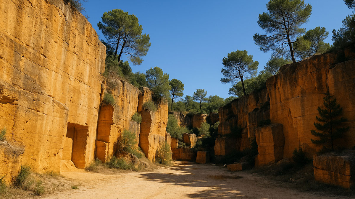 Carrières de Bibémus — falaises ocres, pins et vues vers la Sainte-Victoire