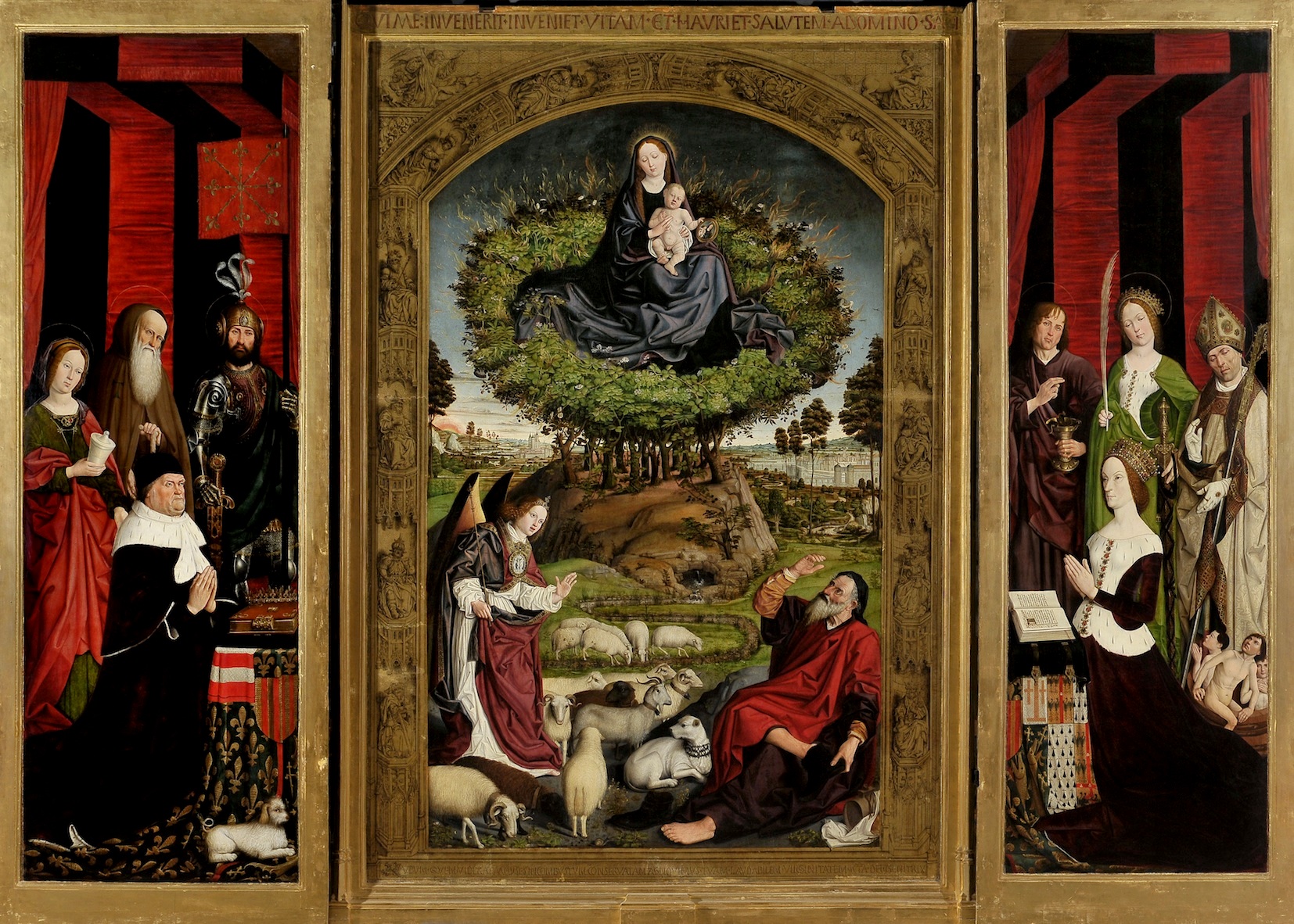 Le Buisson ardent ouvert : René d’Anjou à gauche, la Vierge et l’Enfant au centre au-dessus de Moïse, Jeanne de Laval à droite