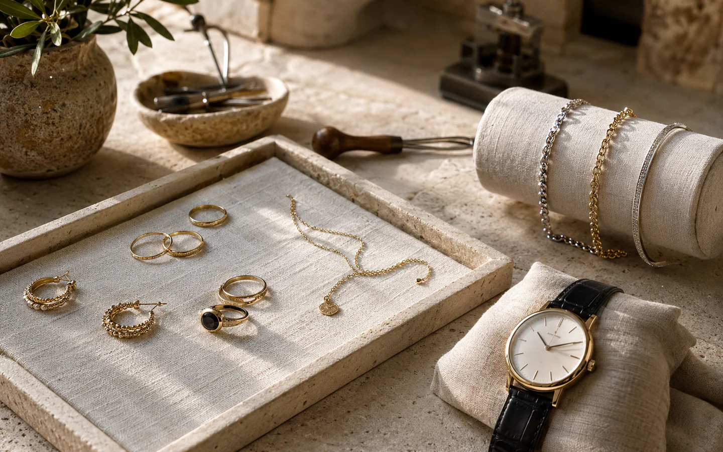 Bijoux et montre présentés sur le comptoir d'une boutique aixoise