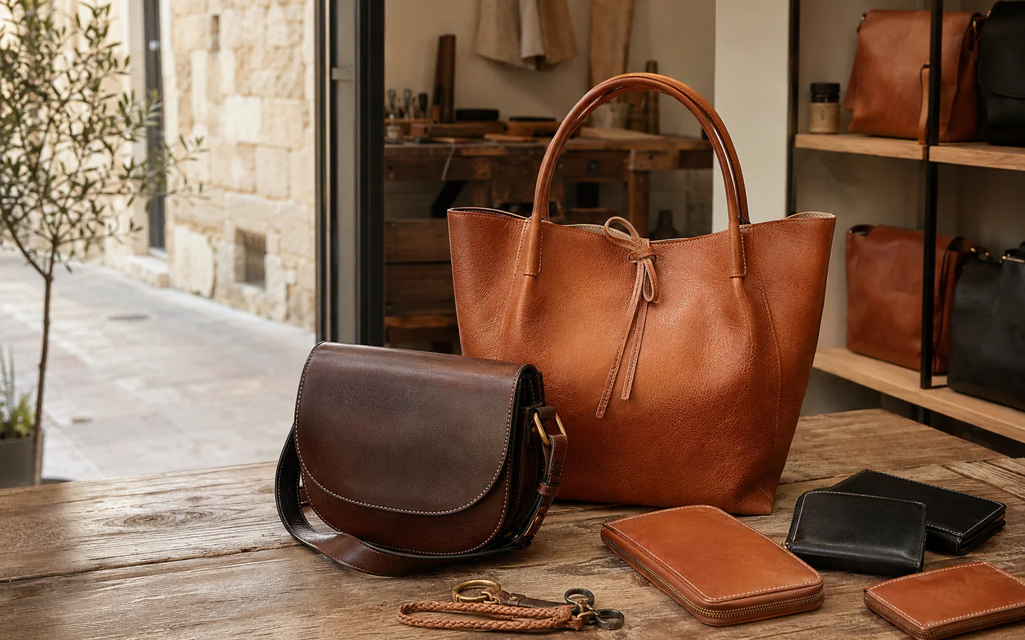 Sacs et petite maroquinerie en cuir dans une boutique à Aix-en-Provence